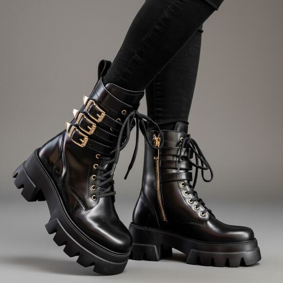 Thursday Boot Co. Dynasty Black Leather Lace-Up Platform Combat Boots Size 8 - Picture 2 of 15